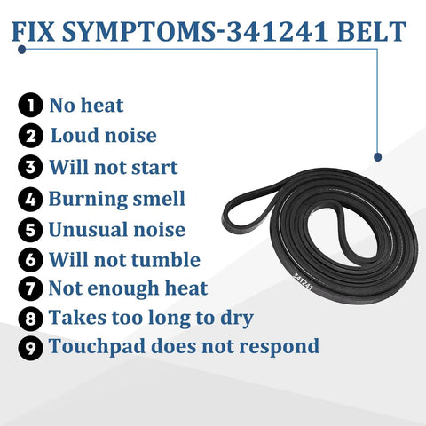 Durable Dryer Drum Belt Replacement For Most Major Dryers Easy Install No Fuss Quick Fix Fits 341241, with symptoms list.