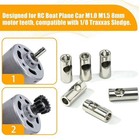 Six stainless steel motor gear adapter sleeves for RC cars, front view