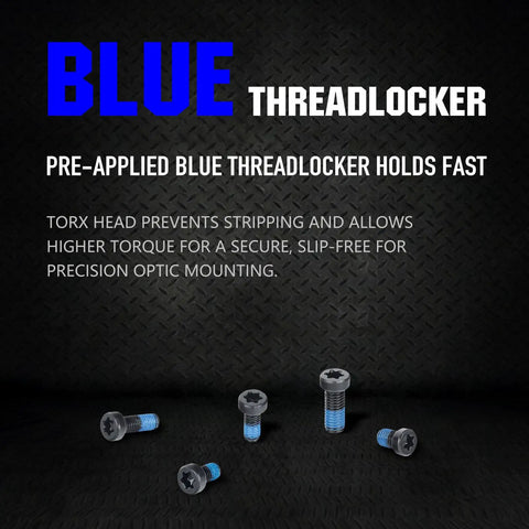 Hardened Steel Thirty Piece T15 Torx Screw Set For Rack Systems And Pedal Plates shown with blue threadlocker pre-applied.