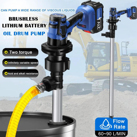 Versatile 21V Battery Operated Syphon Pump With Tough Aluminum Tube And Long Hose For Diesel, Kerosene, Oil Or Water Transfer Jobs That Get Big Jobs Done Fast, showing oil drum pump with yellow hose and brushless motor.
