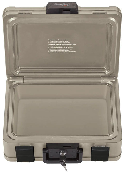 SureSeal Fire Safe With Key Lock UL Rated 30 Minute Fire Protection 1 Meter Waterproof For 48 Hours Portable Home Safe For Documents And Valuables Taupe Metal Chest With Lockable Security 6.5 x 15.9 x 12.4 Inches