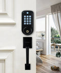 Keyless Entry Door Lock With Handle And Smart Deadbolt, Keypad Front Door Lock Set on white door next to bright living area