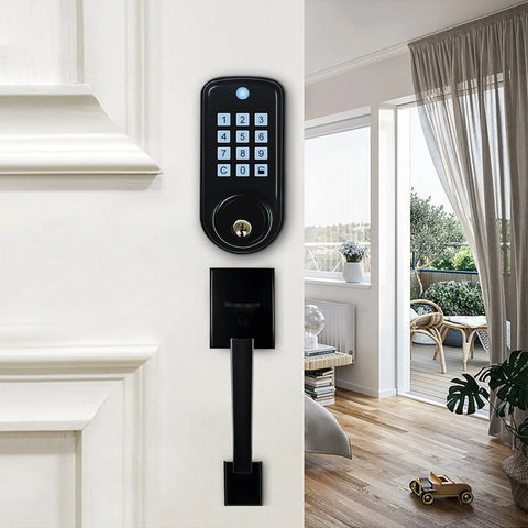 Keyless Entry Door Lock With Handle And Smart Deadbolt, Keypad Front Door Lock Set on white door next to bright living area