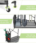 Heavy Duty Garden Tool Storage Rack For Garage And Yard, showing height-adjust wheels, raised tool design, and side cloth bag.