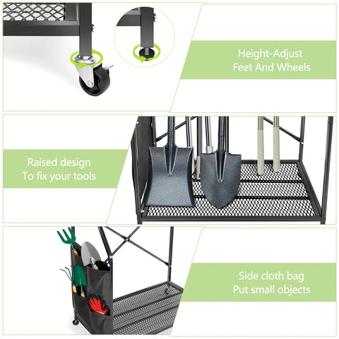 Heavy Duty Garden Tool Storage Rack For Garage And Yard, showing height-adjust wheels, raised tool design, and side cloth bag.