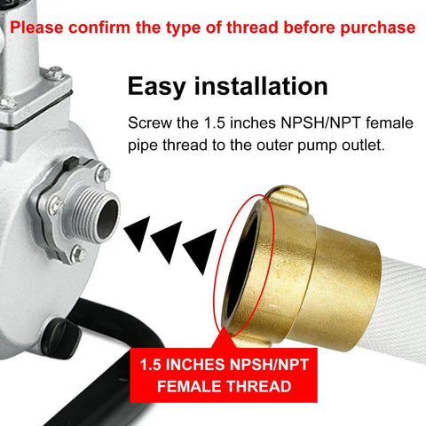 Close-up of brass NPSH/NPT female thread on One And A Half Inch Lay Flat Fire Hose Fifty Foot White Beefy Heavy Duty Industrial Water Hose