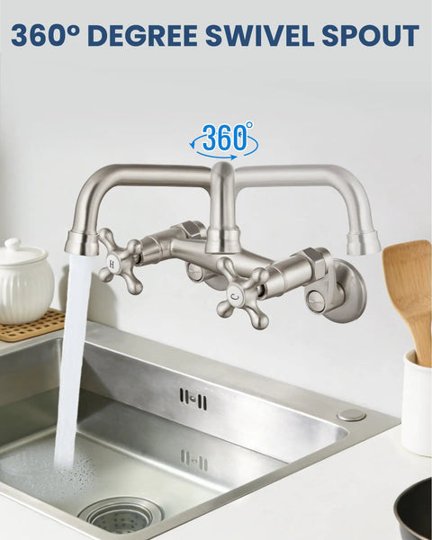 Wall Mount Kitchen Faucet With 6 Inch Spout Brushed Nickel Pro Grade Build Double Handles Hot And Cold Mixer Tap 360 Degree Rotatable 2 Hole Center Set Solid Brass Heavy Duty Restaurant Style Faucet