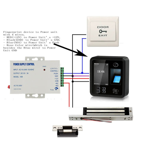 Smart Fingerprint Access Control System For One Door With A 600Lb Magnetic Lock, Exit Motion Sensor, Metal Exit Button, 110V To 240V Power Supply, Wired Doorbell, RFID Cards And Fobs, And Entry Log Recording