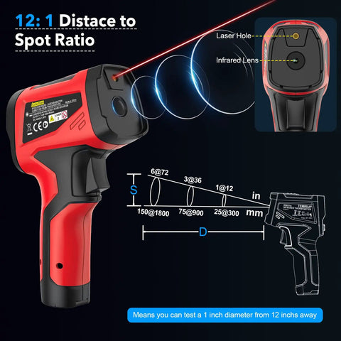 Digital Infrared Thermometer Gun With Probe For Non Contact Temperature Readings, Fast Laser Temp Gun For Cookin And Grillin On The Grill, Pizza Oven, Griddle And Meat, Adjustable Emissivity 0.1 To 1.0, 12:1 Distance To Spot, -40 To 1472 Fahrenheit showing 12:1 distance-to-spot ratio