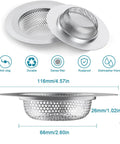 2 Pack Stainless Steel Kitchen Sink Strainers With Large Wide Rim 4.5 Inch Diameter Food Catcher for Most Drains, shown with measurements.
