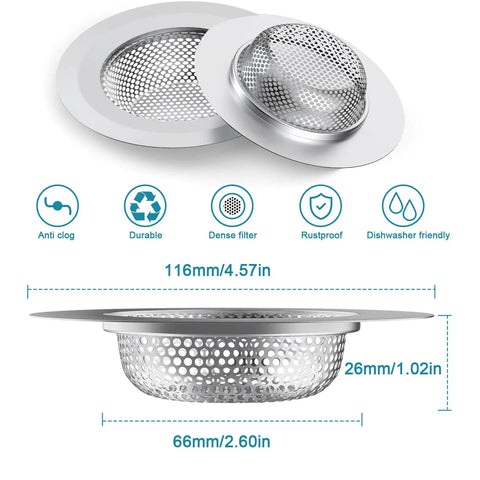 2 Pack Stainless Steel Kitchen Sink Strainers With Large Wide Rim 4.5 Inch Diameter Food Catcher for Most Drains, shown with measurements.