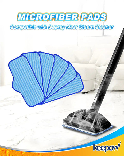 Washable Microfiber Steam Mop Pads For Dupray Neat And Schenley Mops displayed on marble floor next to steam mop.