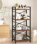 Compact 4 Tier Bookshelf Featuring Heavy Duty Metal Frame And Smooth Wood Shelves Hella Space Saving Setup Prime For Tiny Apartments Small Nooks And Modern Home Office Layouts, organized with toiletries and towels.
