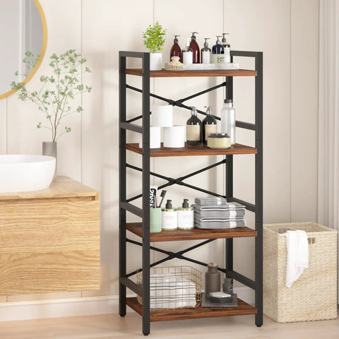 Compact 4 Tier Bookshelf Featuring Heavy Duty Metal Frame And Smooth Wood Shelves Hella Space Saving Setup Prime For Tiny Apartments Small Nooks And Modern Home Office Layouts, organized with toiletries and towels.