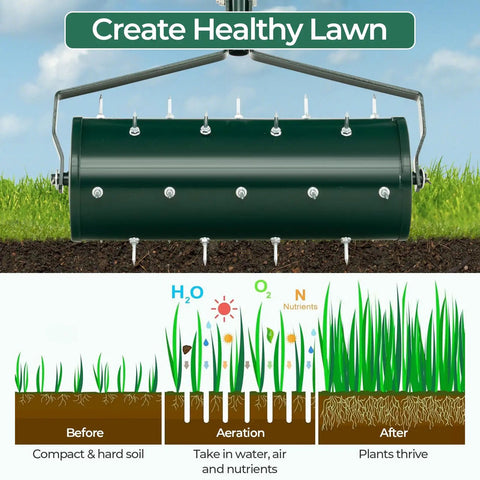 Rolling Lawn Aerator With Ergonomic Handle And Sand Or Stone Fill 18 Inch Wide Dethatching Tool in use above soil illustration.