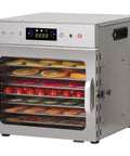 Big Time Eight Tray Stainless Steel Food Dehydrator Machine For Beef Jerky Dried Fruits Vegetables Herbs And Homemade Dog Treats No Fuss Quick Dry Performance with fruits and vegetables drying inside.