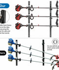Comparison of heavy duty trimmer rack with secure clips versus other types, showing three weedeaters on a wall, durable steel construction.