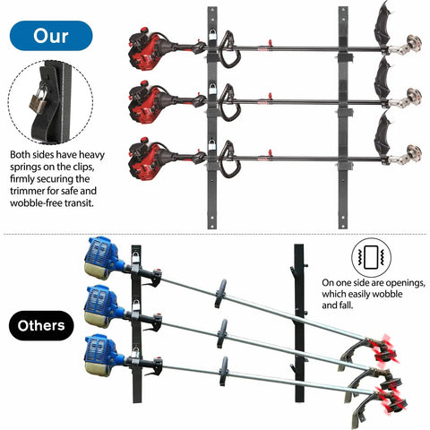 Comparison of heavy duty trimmer rack with secure clips versus other types, showing three weedeaters on a wall, durable steel construction.
