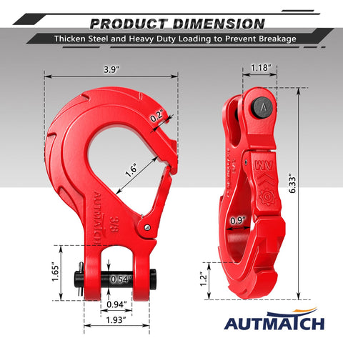 Dimensions of Beefy Three Eighths Inch Clevis Slip Hook With Safety Latch Heavy Duty Winch Hook Stopper in red