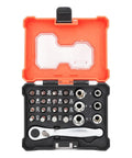23 Piece Socket Wrench Set Featuring A Slick 72 Tooth Ratchet And Sixteen Tough S2 Bits For Real Deal Auto Grind And Weekend Warrior Garage Projects Accessories in open carrying case.