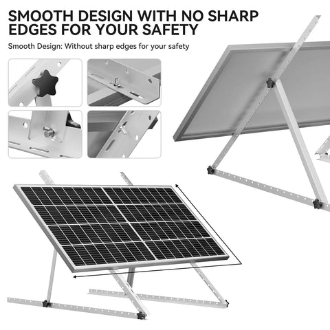 Upgraded 47 Inch Adjustable Solar Panel Tilt Mount Brackets Set with foldable tilt legs showing smooth, safe edges.
