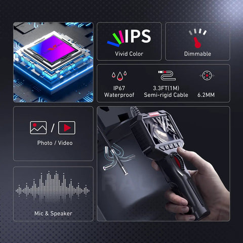 Two Way Articulating Borescope With Light Slim Probe For Tight Spots 210 Degree Pivot 19 In 1 Ultra Fine Stainless Wire Design Durable Industrial Inspection Camera For Mechanics And Techies, 6.2mm probe