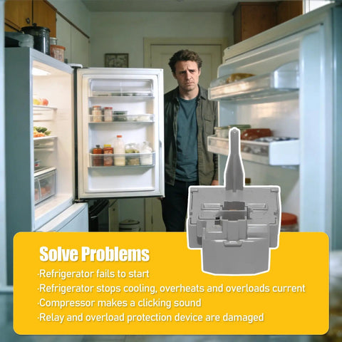 Open refrigerator with Easy Plug And Play Refrigerator Start Relay And Overload Protector Replacement shown; resolves common issues.