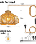 Rattan Hanging Light With Plug In Cord, Boho Wicker Basket Lamp Shade with parts and G80 LED bulb included, dimensions shown