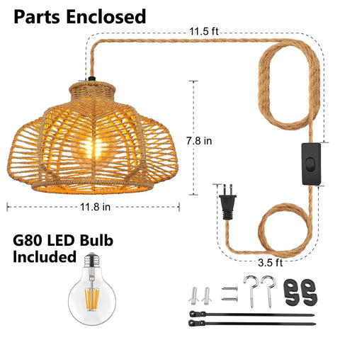Rattan Hanging Light With Plug In Cord, Boho Wicker Basket Lamp Shade with parts and G80 LED bulb included, dimensions shown