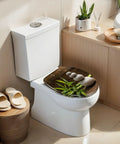 Elongated white zen balance stones bamboo plant on wooden table toilet seat in a modern bathroom setting.