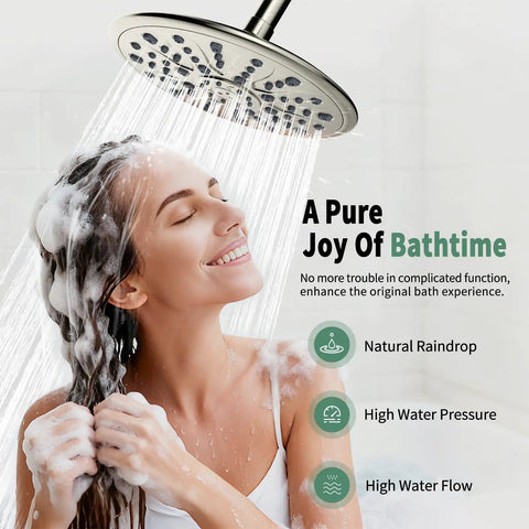 Rainfall Shower System With 7-Setting Handheld, Full Bathroom Faucet Set in use with water flowing, spa-like experience