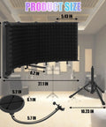 Pro Grade Microphone Isolation Shield With Beefy Tripod Stand And Pop Filter dimensions showing height and width in studio setting.