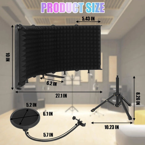Pro Grade Microphone Isolation Shield With Beefy Tripod Stand And Pop Filter dimensions showing height and width in studio setting.