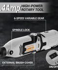 Side view of Do It All Rotary Tool Kit With 1.4 Amp Motor And 8000 To 35000 RPM Six Speed Control showing spindle lock and on/off switch.