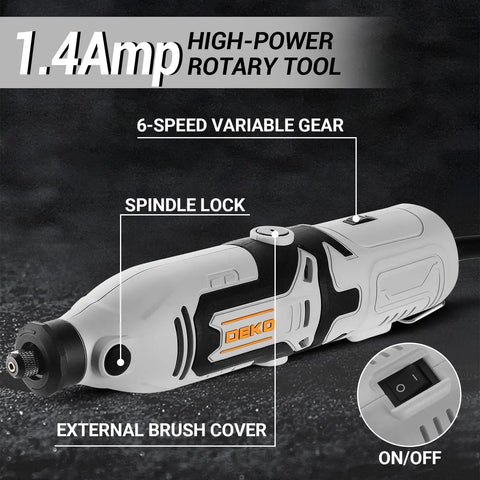 Side view of Do It All Rotary Tool Kit With 1.4 Amp Motor And 8000 To 35000 RPM Six Speed Control showing spindle lock and on/off switch.
