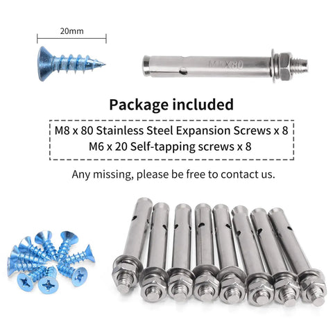 Image showing stainless steel expansion screws and blue self-tapping screws included with Heavy Duty Shelf Brackets 12x8x2 Inches, One Fifth Inch Thick Solid Stainless Steel L Brackets For Countertops And Bar Tops, Wall Mounted Support, Includes Hardware, Two Pack.