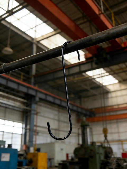 Twenty Eight Pack Badass Twelve Inch Wire S Hooks Engineered For Heavy Duty Powder Coating And Spray Painting Jobs While Keeping Your Shop Gear Tidy And Secure, black hook hanging in a workshop.
