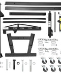 Bad Boy Heavy Duty Folding Hydraulic Engine Hoist And Cherry Picker parts including metal beams, hydraulic jack, and accessories laid out.