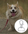 50 Piece Rock Solid Zinc Alloy Keychain Clips And D Ring Lanyard Hooks With Swivel Lobster Clasps Rust Proof Hardware For Bags And Custom Crafting shown with a Corgi on a leash.