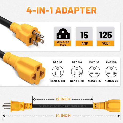 Outdoor 12 Inch 15 Amp To 20 Amp T Blade Extension Cable Waterproof 12AWG SJTW Four In One NEMA 5-15P To 5-15R 5-20R 6-15R 6-20R