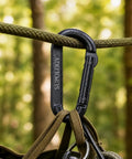 Black D-shaped carabiner attached to rope, labeled SUPOLOGY; part of Heavy Duty Carabiner Clips 900 Lbs Working Load 2.5 Inch set.