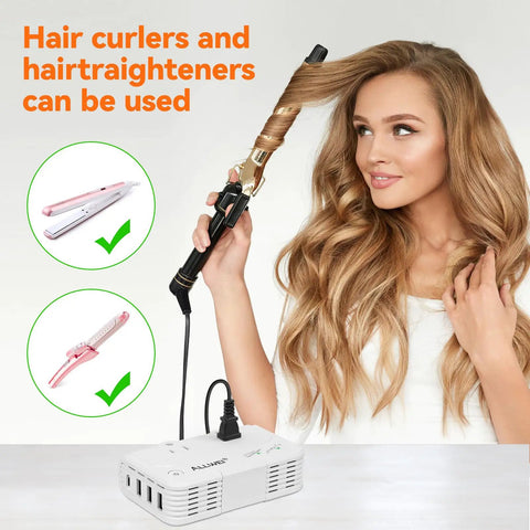 Global Travel Voltage Converter For Hair Tools 220V To 110V Up To 230W For Hair Straighteners And Curling Irons shown with user.