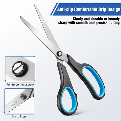 Three Pack Heavy Duty All Purpose Scissors Set With Stainless Steel Blades And Ultra Sharp Edges Ergonomic Comfort Grip Handles For Office Home School Sewing And Crafts Ideal For Paper Cardboard Fabric And More. Black and blue 8.5-inch scissors with stainless steel blades