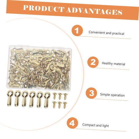 Heavy Duty Iron Picture Frame Backing Clips Featuring Quick Turn Button Fasteners And All Included Mounting Screws For Hanging Wall Photos Artwork Crafts Straight Up No Sweat arranged in clear container with mounting screws.