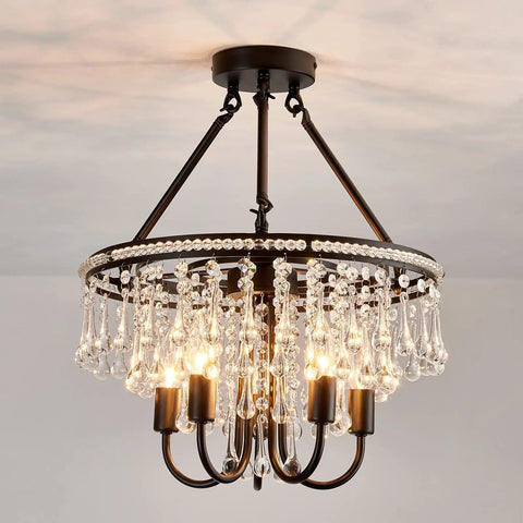 Dope Modern Semi Flush Mount Crystal Chandelier With Five Lights In Matte Black Ceiling Fixture, clear crystal accents