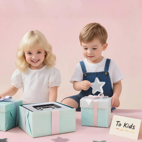 Two children playing with gift boxes, one with a star decoration and a card reading 'To Kids'