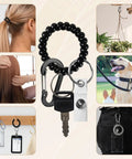 Grab And Go Two Card Wrist Coil ID Holder with Multitool Carabiner Clip and Stretchable Spiral Wristband Key Ring shown with various uses
