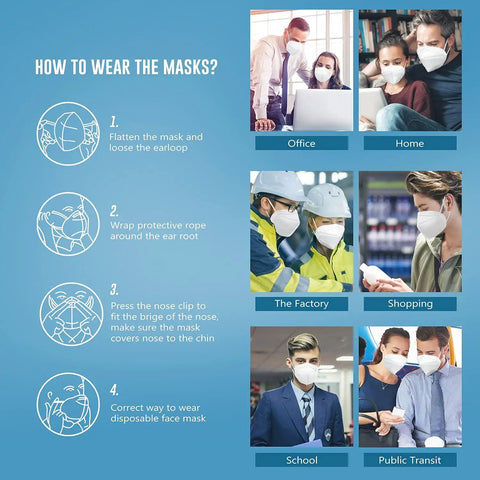 Guide on wearing KN95 Face Mask 100 Pack For Adults With Five Layer Breathable Filtration For Indoor Outdoor Use, shown in various settings