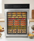 Heavy Duty Electric Food Dehydrator With 12 Detachable Trays And 1000W Dual Fan, front view showing assorted sliced fruits drying.