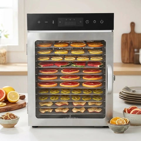 Heavy Duty Electric Food Dehydrator With 12 Detachable Trays And 1000W Dual Fan, front view showing assorted sliced fruits drying.